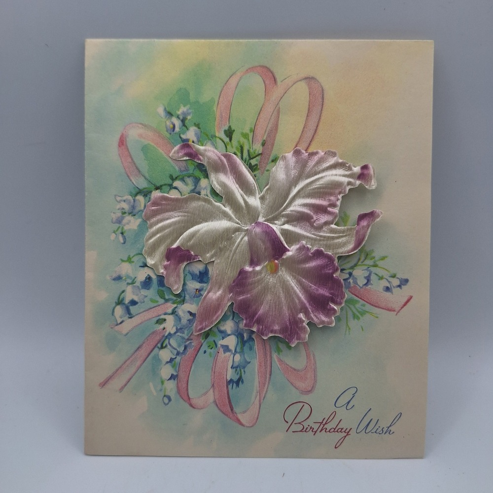 Vintage Satin Blossoms Birthday Card Orchid Ribbon‎ "A Birthday Wish"